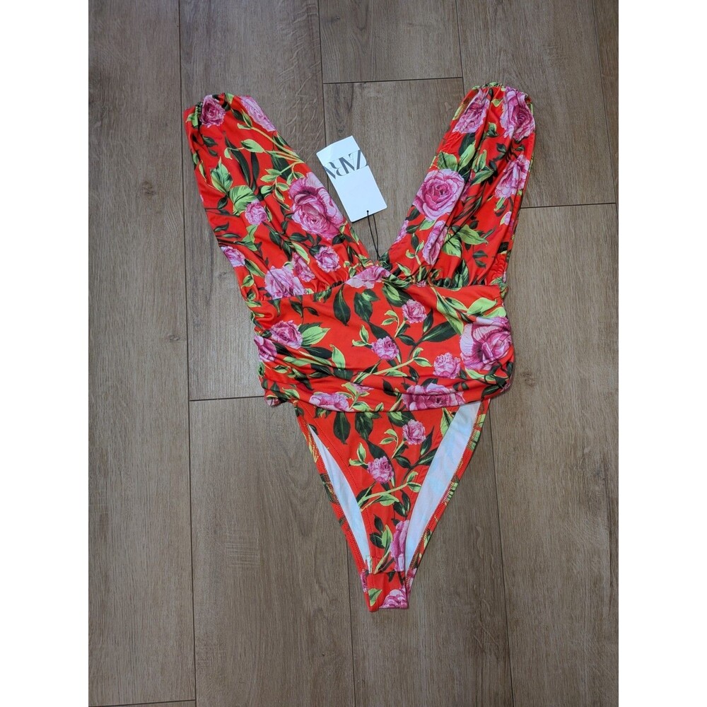 NWT ZARA PRINTED DRAPED BODYSUIT sleeveless plunging v neck women’s Medium